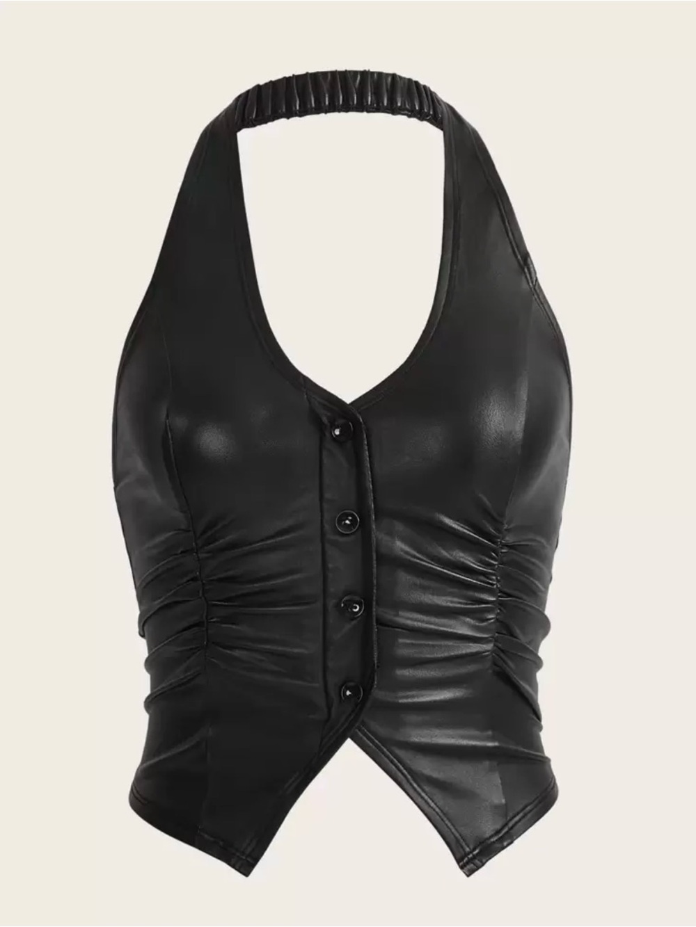 Button Front Backless  Halter Black Corset Top